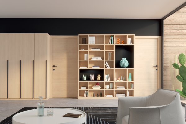 Rangement sur mesure, avec bibliothèque et portes intérieures assorties